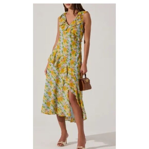 ASTR The Label Floral Ruffle Maxi Dress Blue Yellow Pink Size S Read Side Zipper - Picture 1 of 11